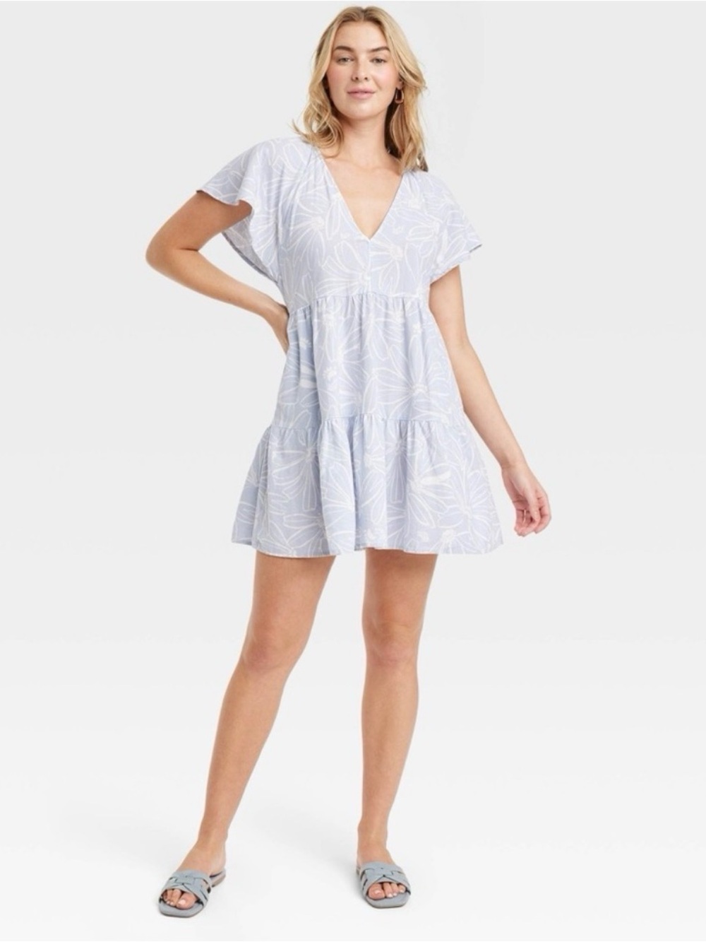 Universal Thread Light Blue Floral V-Neck Tiered Mini Dress XXL